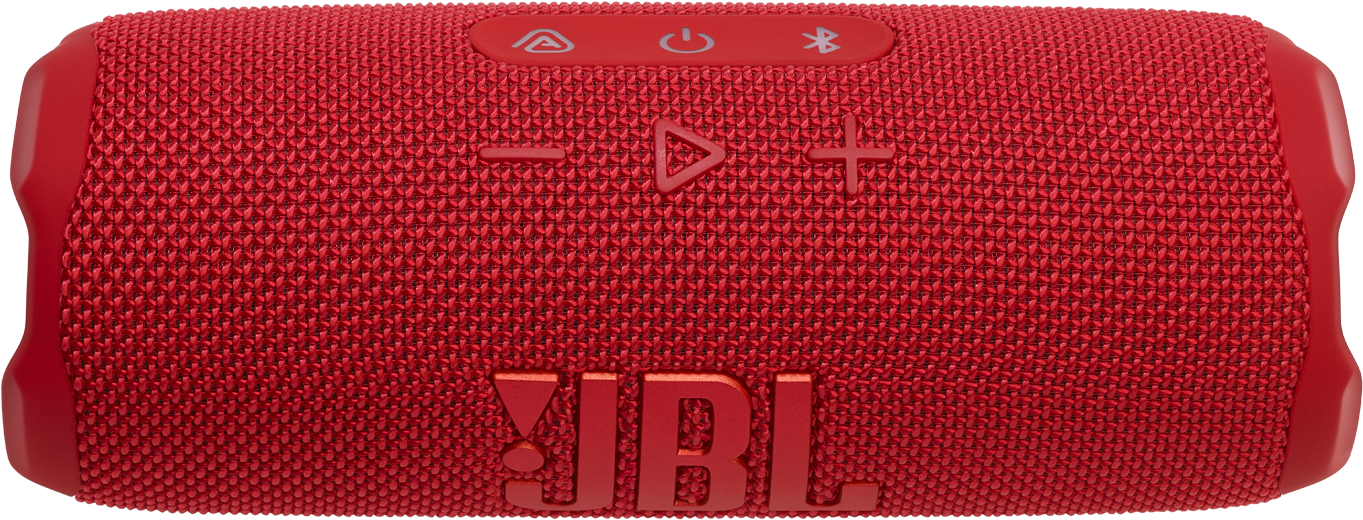 Egy piros JBL hangszóró gombokkal a tetején. A hangszóró téglalap alakú, a JBL logó látható.