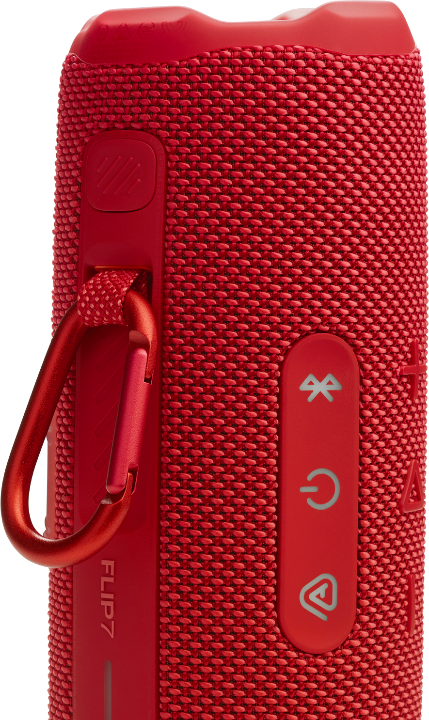 Piros JBL Flip7 hangszóró. Jellemzői: karabiner, bekapcsológomb, Bluetooth és lejátszás/szünet vezérlők.