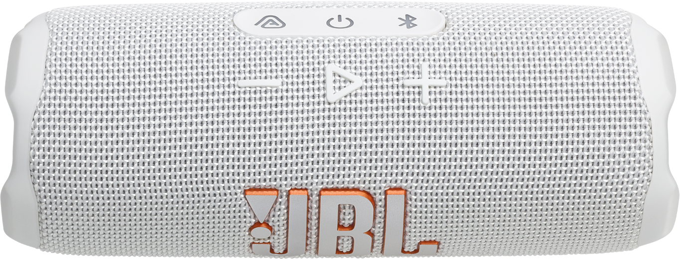 Egy fehér JBL hangszóró narancssárga JBL márkajelzéssel.