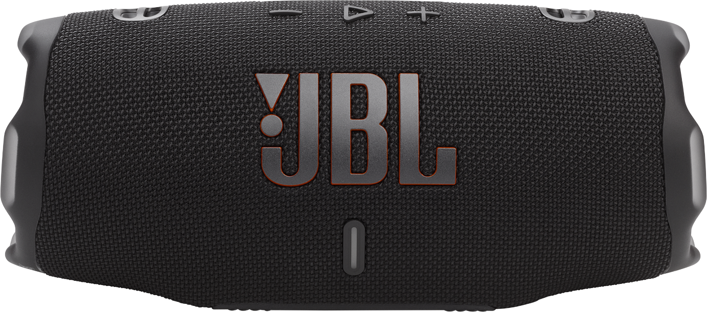 Fekete JBL hangszóró piros JBL logóval, gombokkal és textúrával.