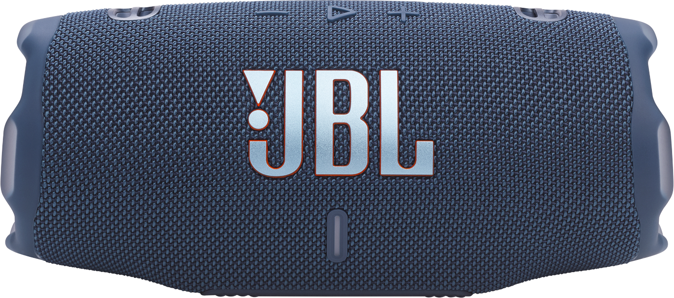 Kék JBL hangszóró a JBL márkanévvel.