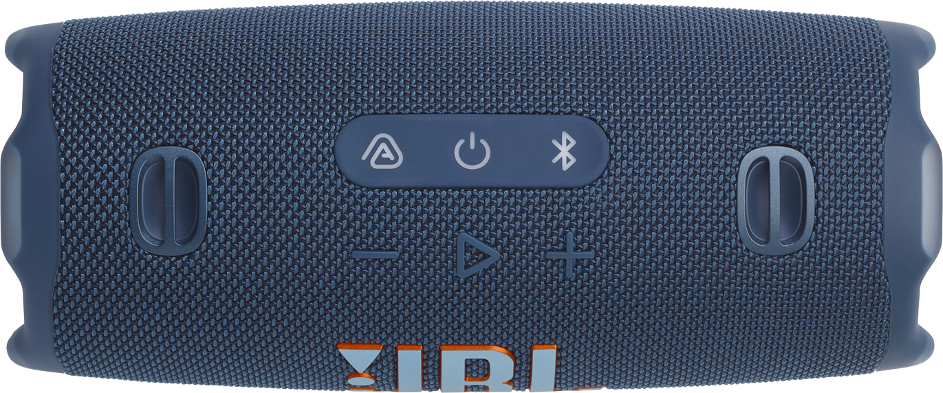 Egy kék JBL hangszóró bekapcsoló, Bluetooth és hangerőszabályzó gombokkal.