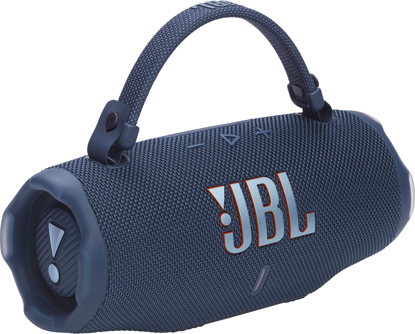 Egy kék JBL hangszóró hordozópánttal. A JBL logója elöl látható.