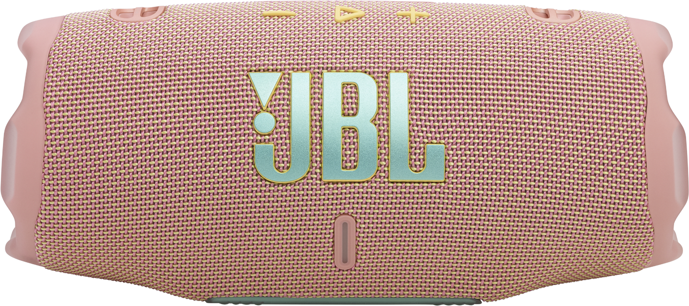Egy rózsaszín JBL hangszóró a JBL logóval az elején, fehér háttéren.