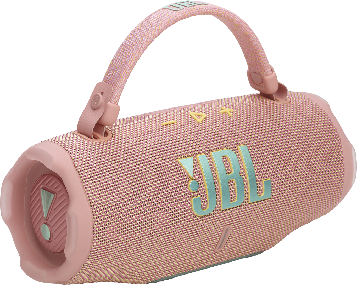 Egy rózsaszín JBL hangszóró fogantyúval, gombokkal és a JBL logóval a hangszórón.