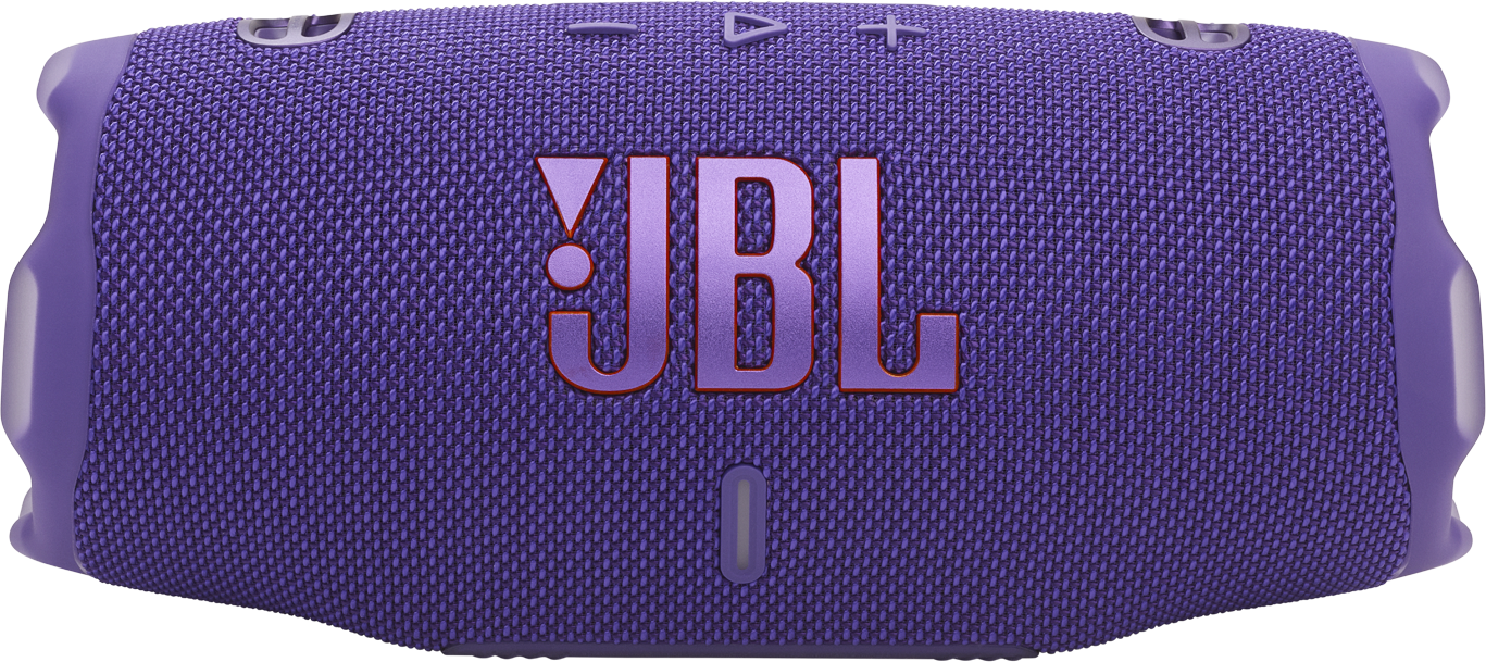 Egy lila JBL hangszóró a JBL logóval, fekete háttéren.