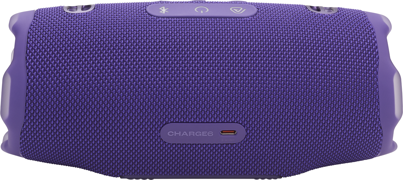 Lila JBL Charge 6 hangszóró látható vezérlőkkel és a Charge 6 felirattal.