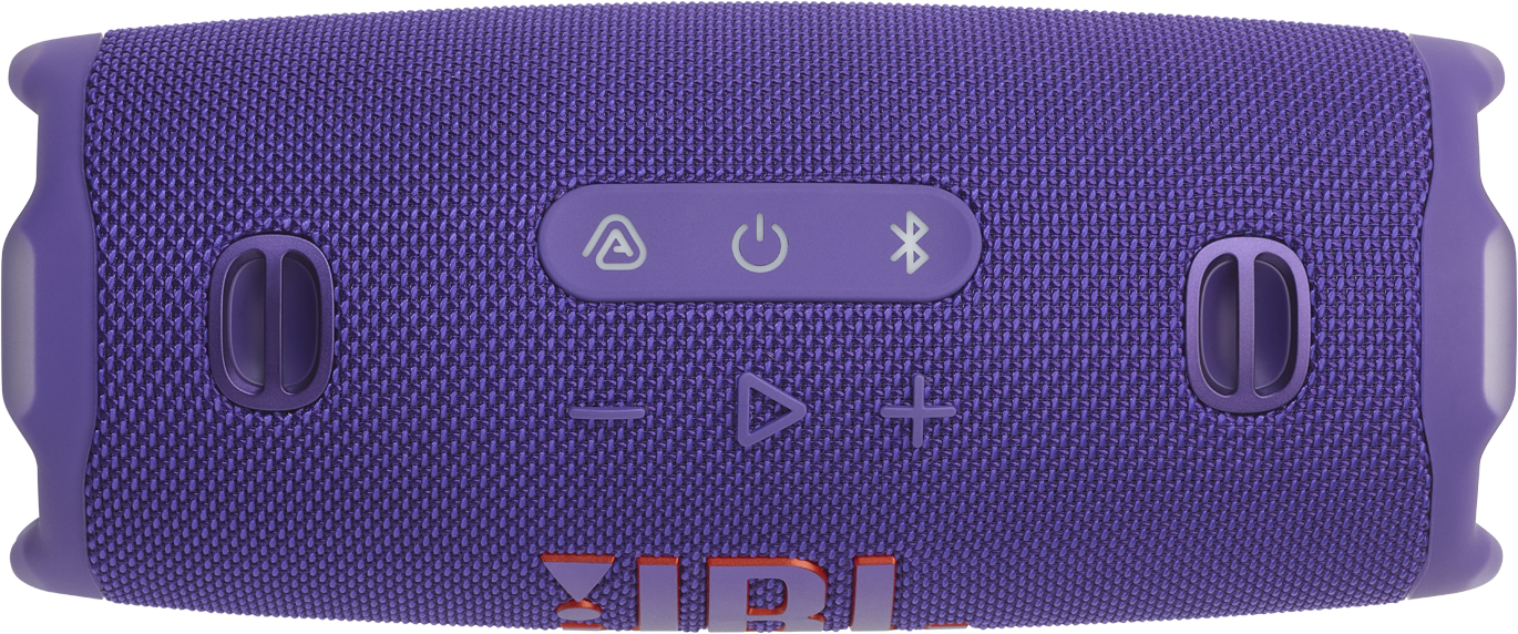 Egy lila JBL hangszóró gombokkal. Hangerő, lejátszás/szünet és Bluetooth vezérlők.