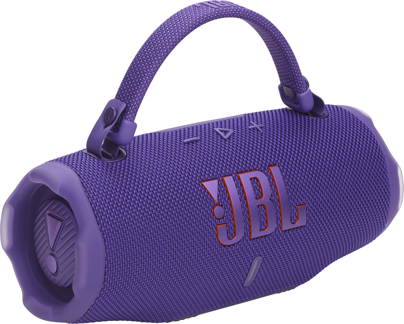Lila JBL hordozható hangszóró fogantyúval, narancssárga JBL logóval, lekerekített formával.