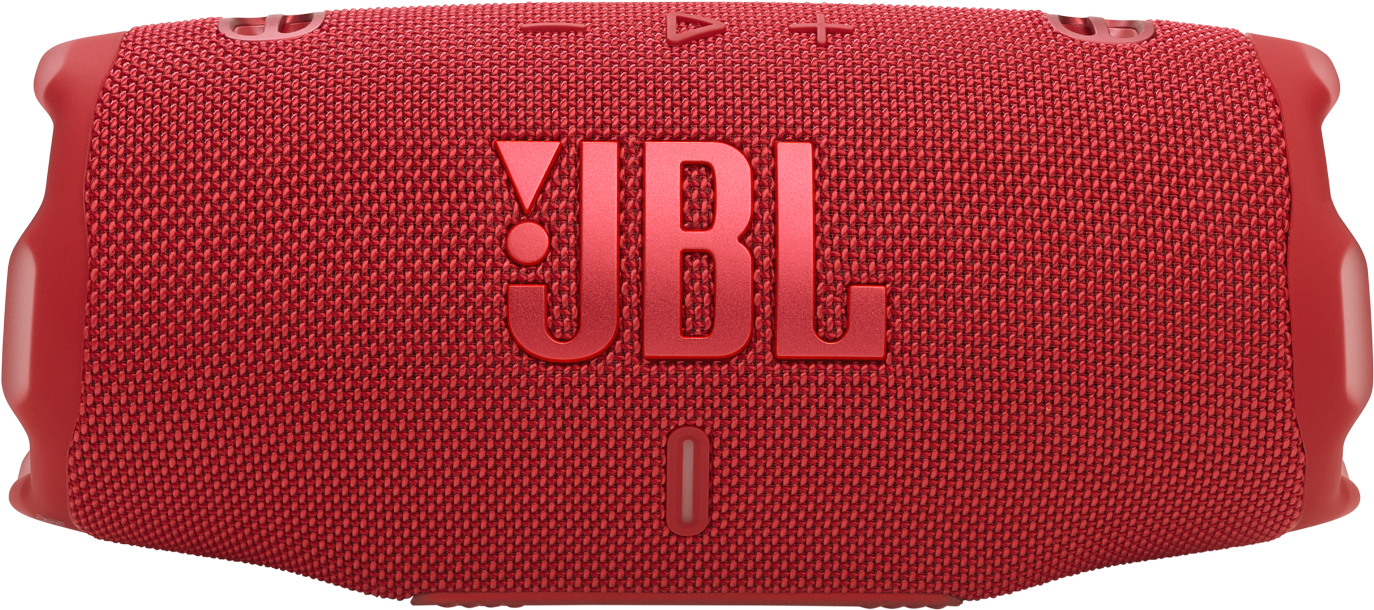 Egy piros JBL hangszóró a látható JBL logóval.
