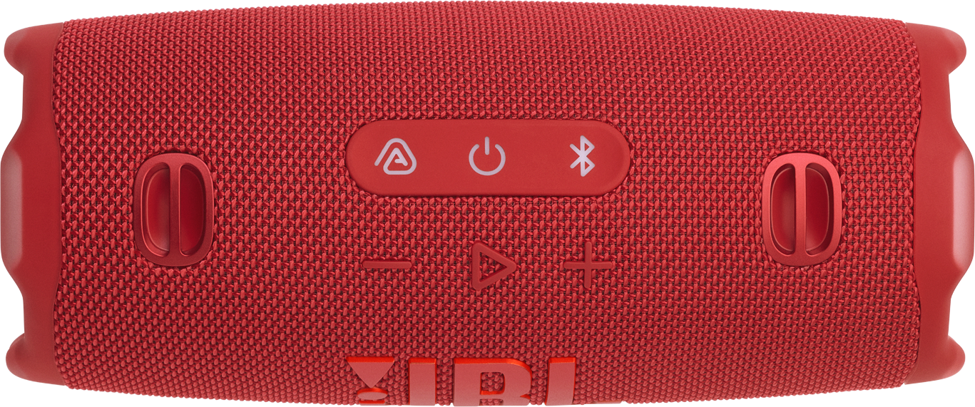 Piros hordozható hangszóró, bekapcsoló, hangerő és Bluetooth gombokkal.
