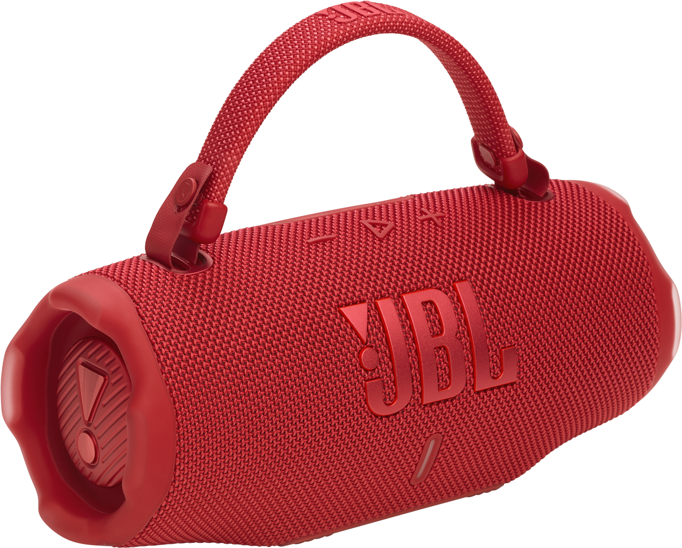 Piros JBL hangszóró, hengeres forma, hordozó fogantyúval.