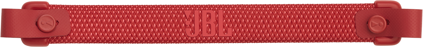Piros JBL hangszórópánt. A JBL logó fehér betűkkel van a pántra nyomtatva.