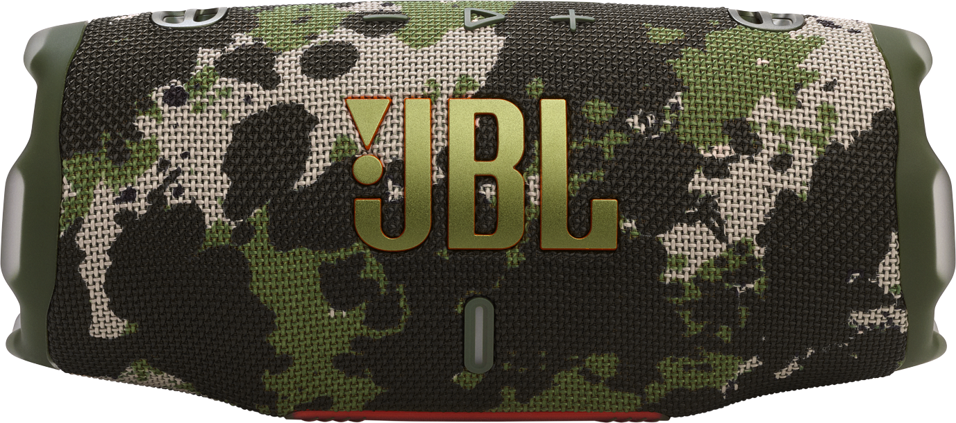 Álcázott JBL hangszóró arany JBL logóval. Piros részletek alul.