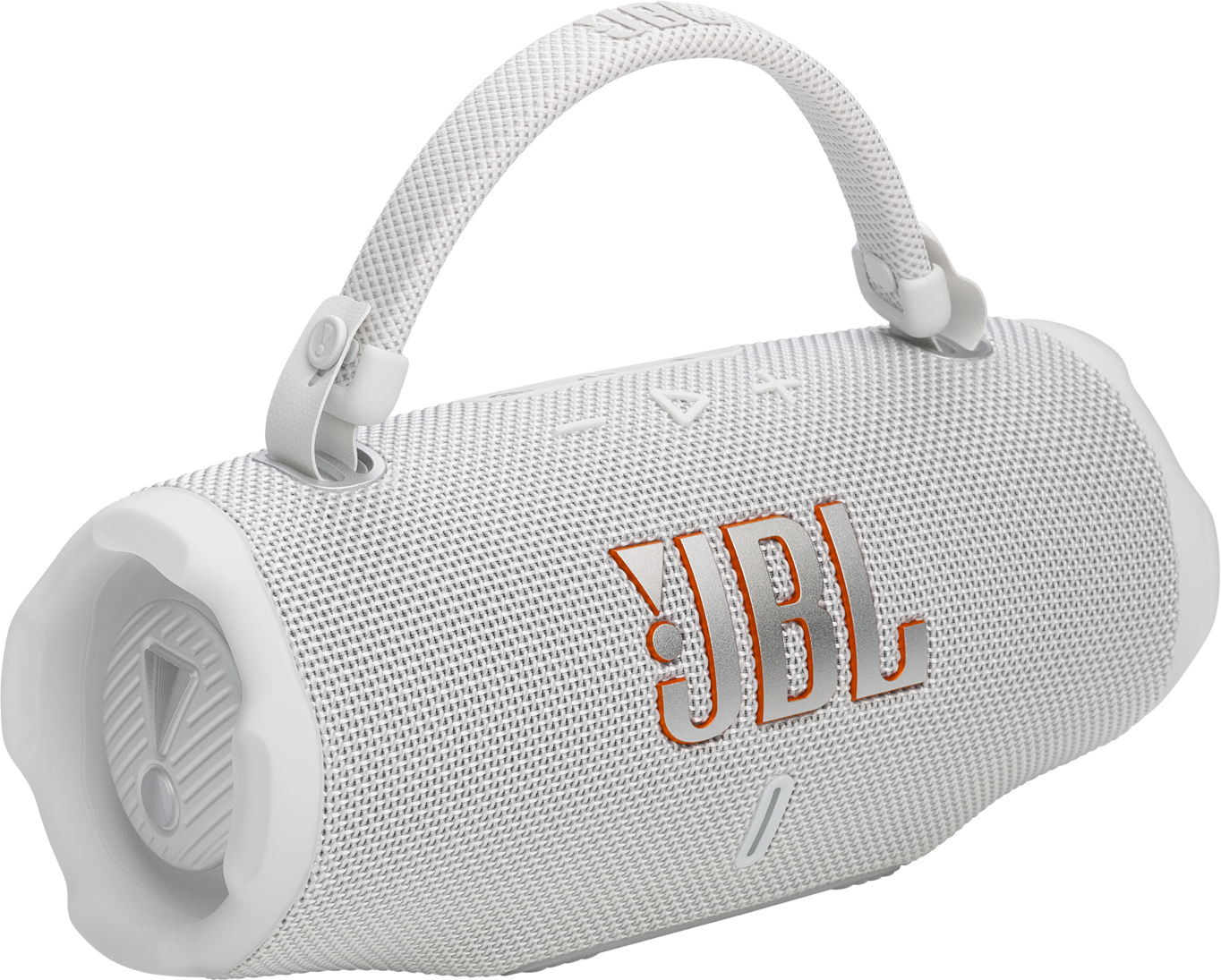 Fehér JBL hangszóró fehér fogantyúval és narancssárga JBL logóval, átlátszó háttéren.
