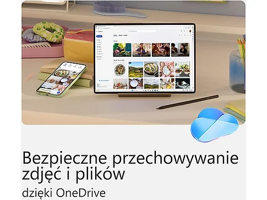 Tablet i telefon na biurku, z tekstem w języku polskim o bezpiecznym przechowywaniu zdjęć i plików za pomocą OneDrive.