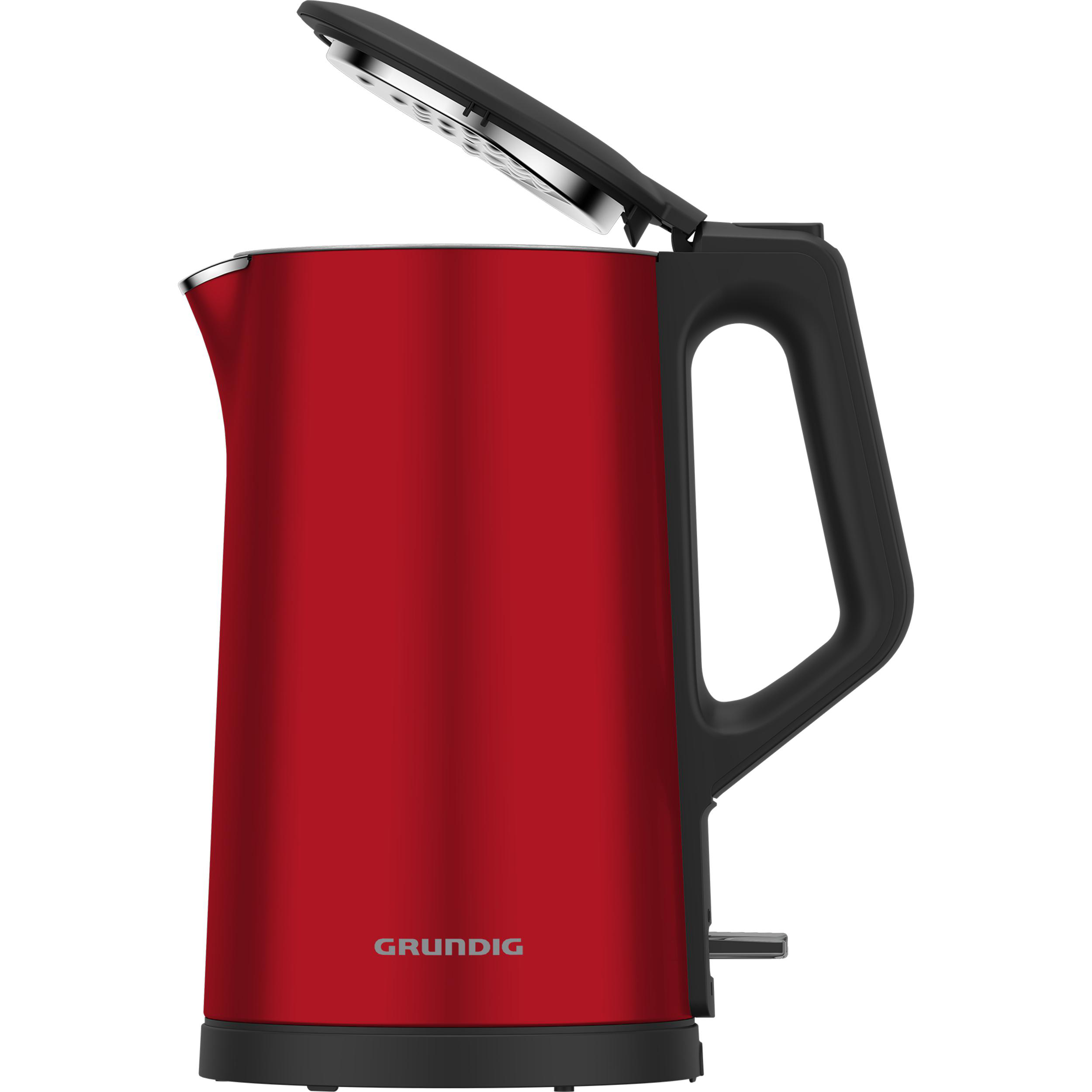 Roter Wasserkocher mit schwarzem Griff und offenem Deckel, isoliert auf weißem Hintergrund.