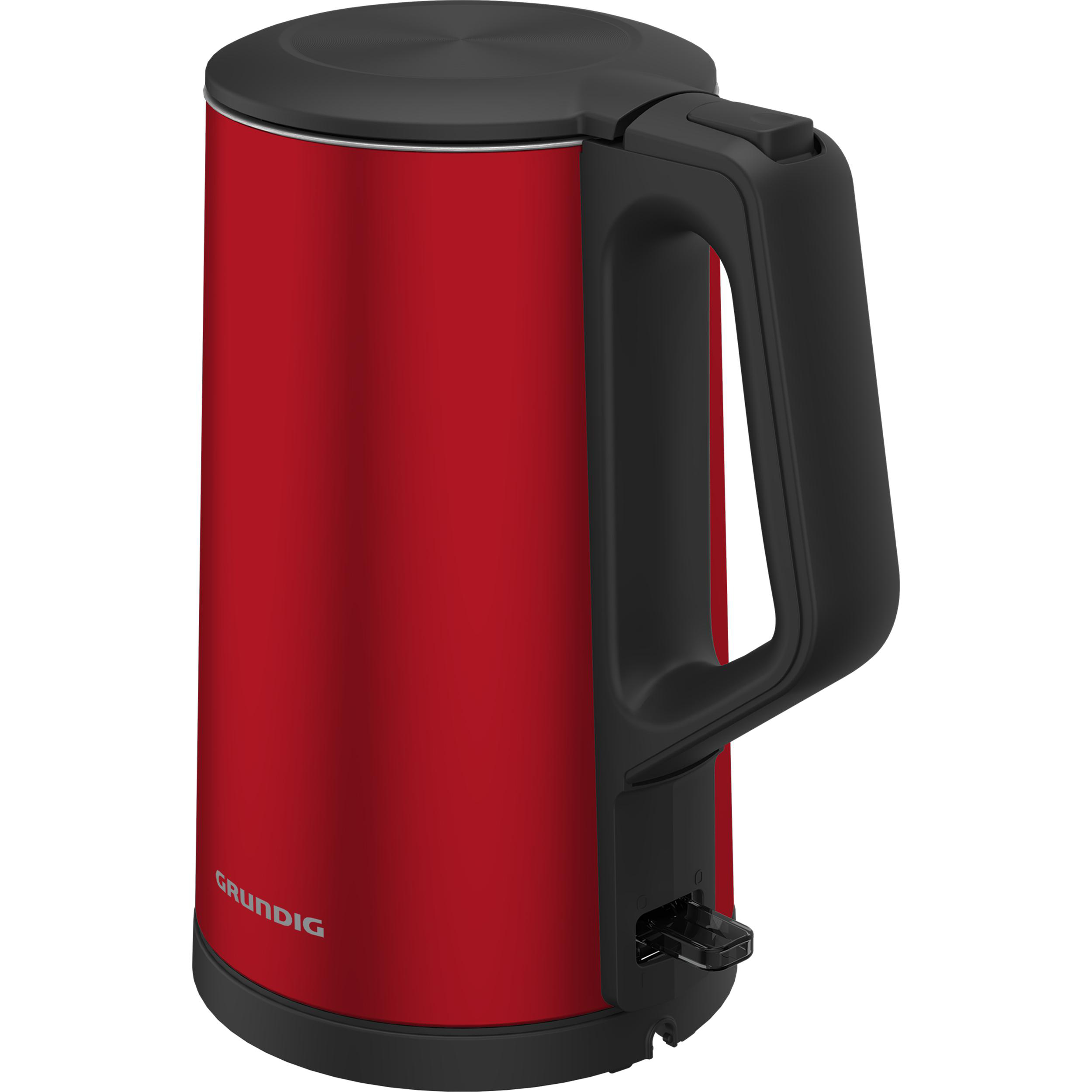 Roter elektrischer Wasserkocher von Grundig mit schwarzem Griff.