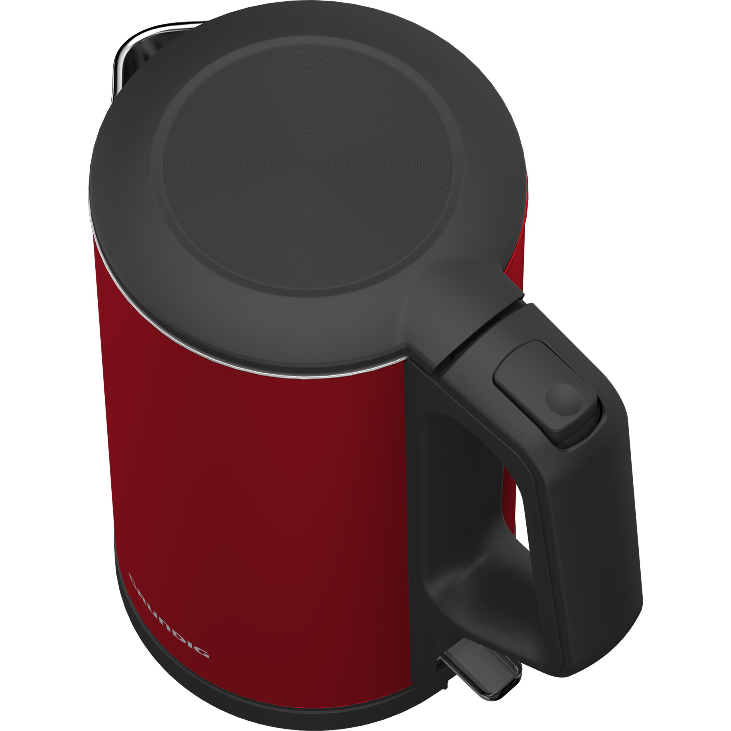 Ein rot-schwarzer Wasserkocher mit Griff.