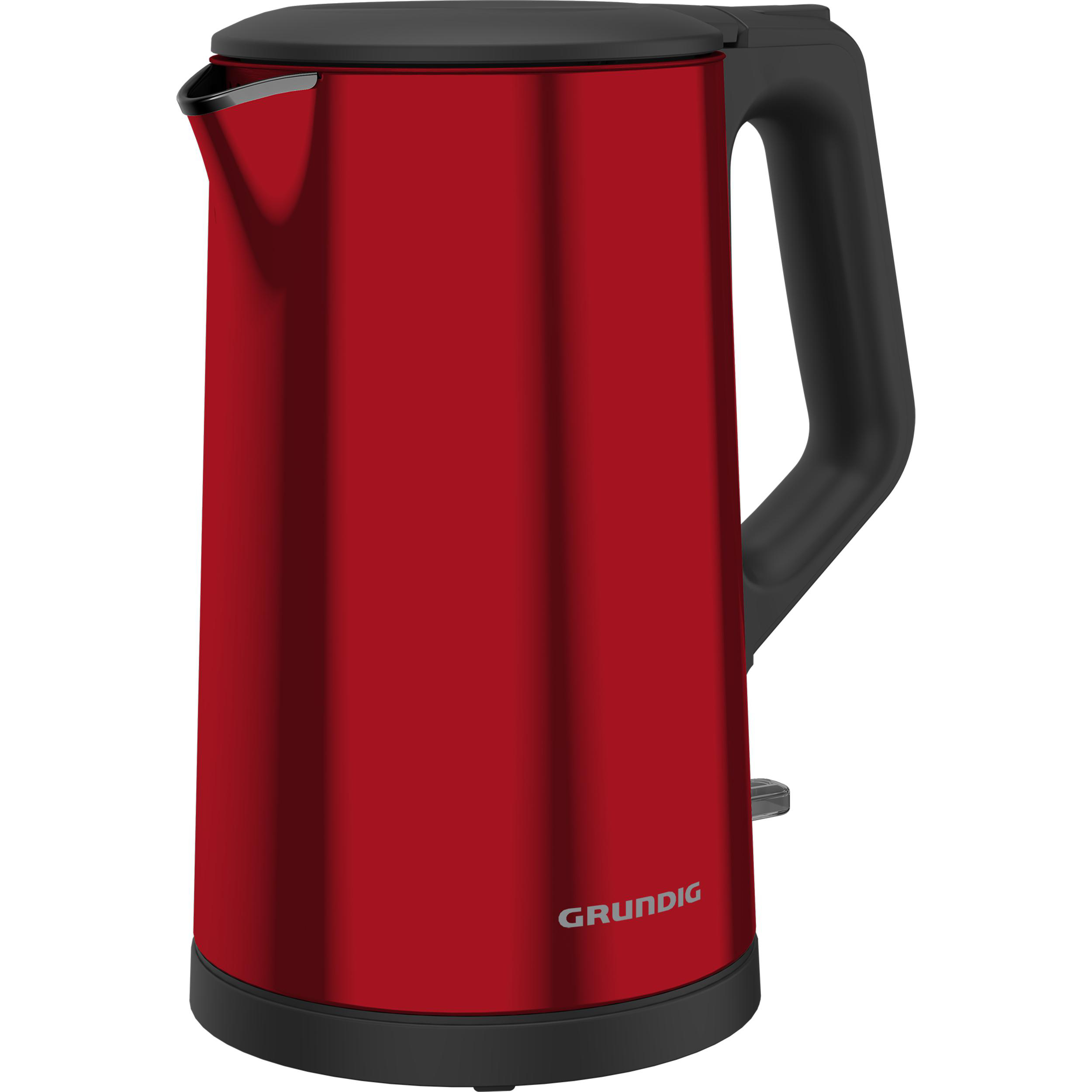 Roter Wasserkocher mit schwarzem Griff und Sockel. Es ist ein glänzendes Design.