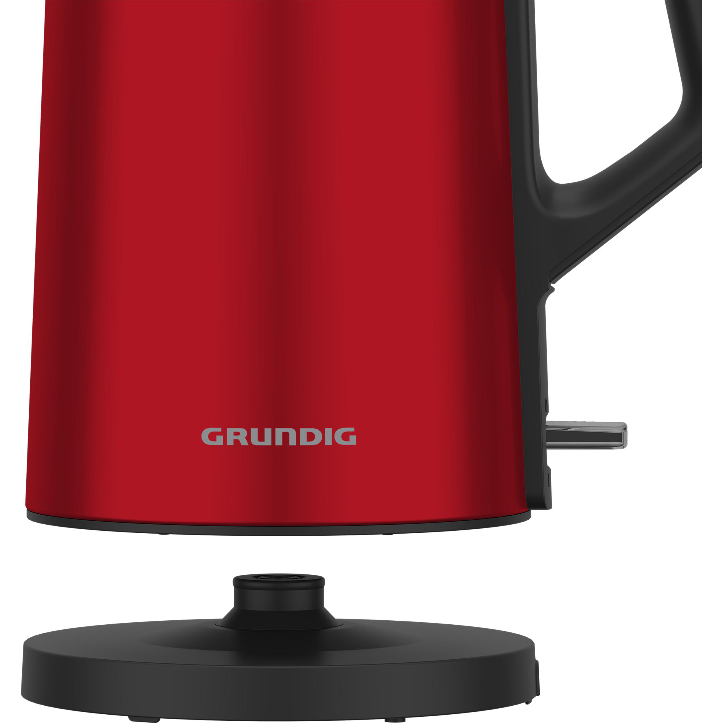 Roter Wasserkocher mit schwarzem Griff und Sockel.