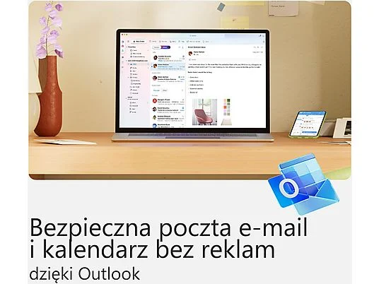 Laptop wyświetlający interfejs Outlook z tekstem: Bezpieczny e-mail i kalendarz bez reklam.