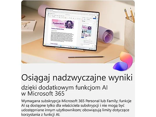Tablet wyświetlający dokument z tekstem, obok długopisu.
