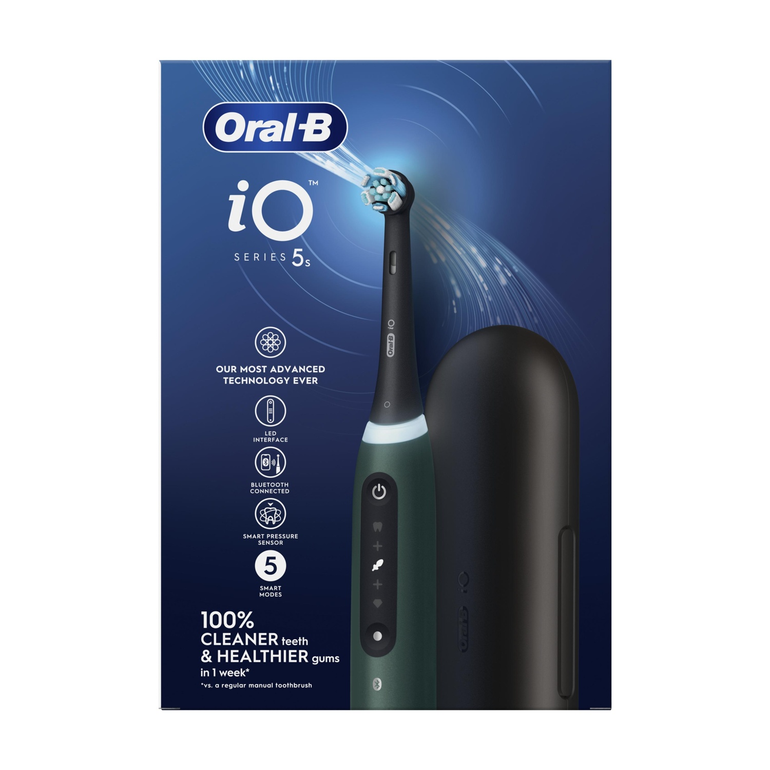 Uno spazzolino elettrico Oral-B iO Series 5s con la sua custodia e testo.