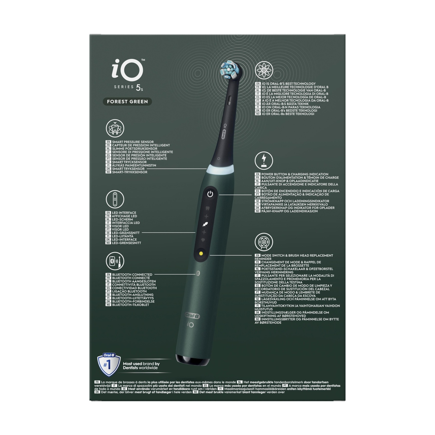 Spazzolino elettrico verde foresta con testo multilingue, che mostra funzioni e pulsanti.