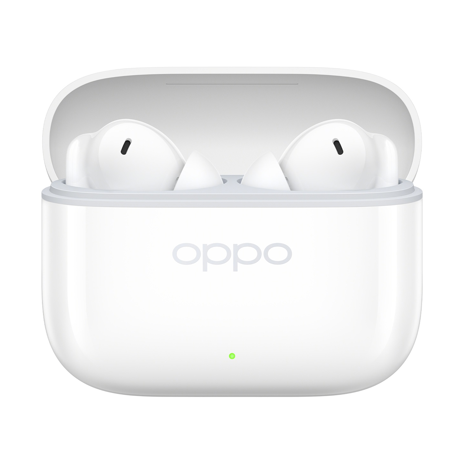 Auricolari Oppo bianche in una custodia di ricarica bianca aperta. Il logo Oppo è visibile sulla parte anteriore della custodia.
