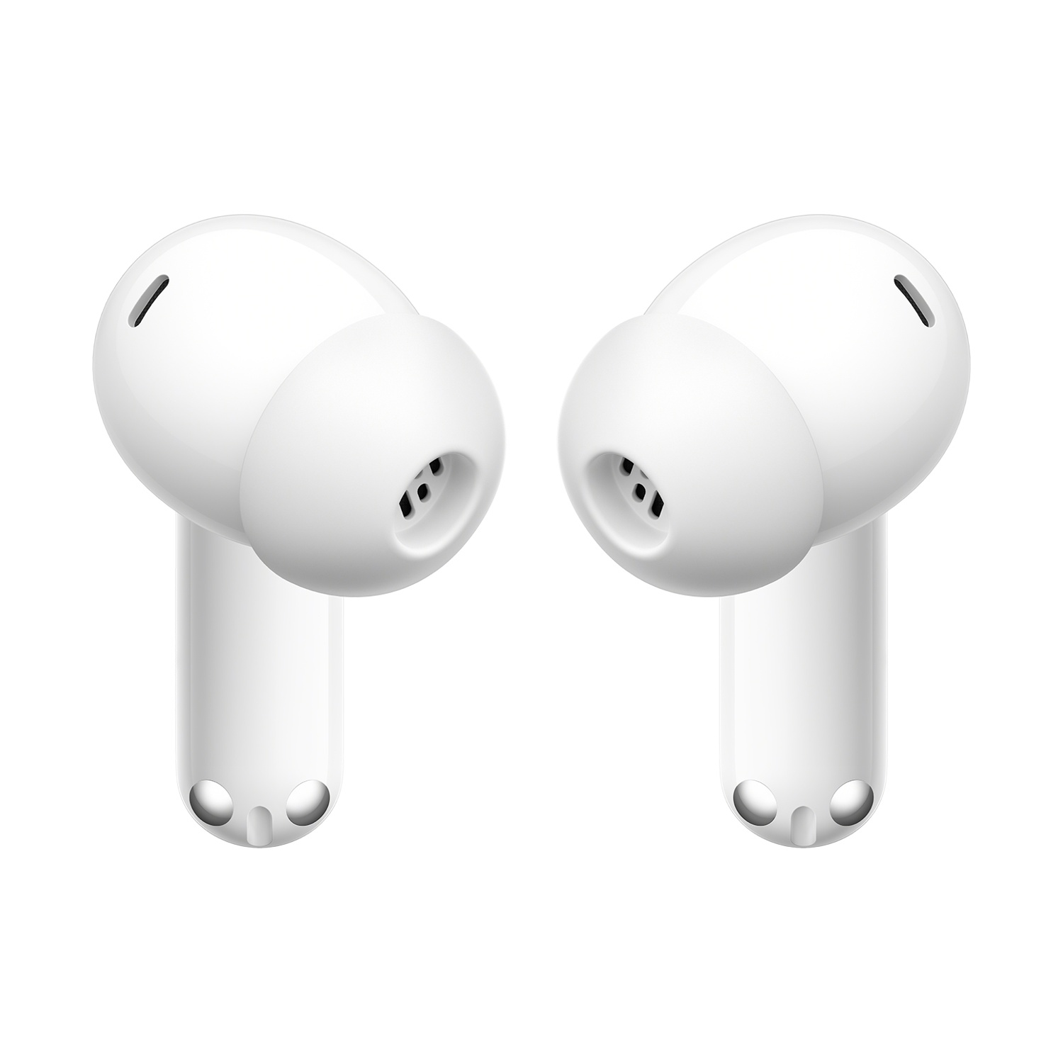 Due auricolari wireless bianchi, primo piano, su sfondo bianco.