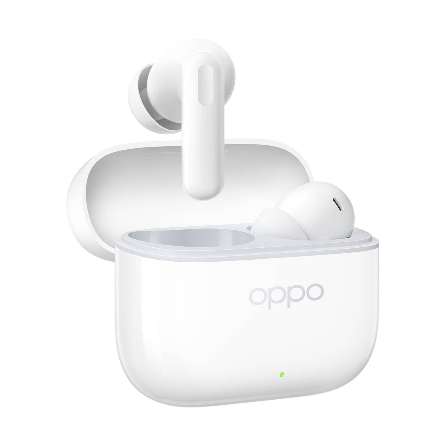 Auricolari Oppo bianchi nella loro custodia aperta, un auricolare fuori.