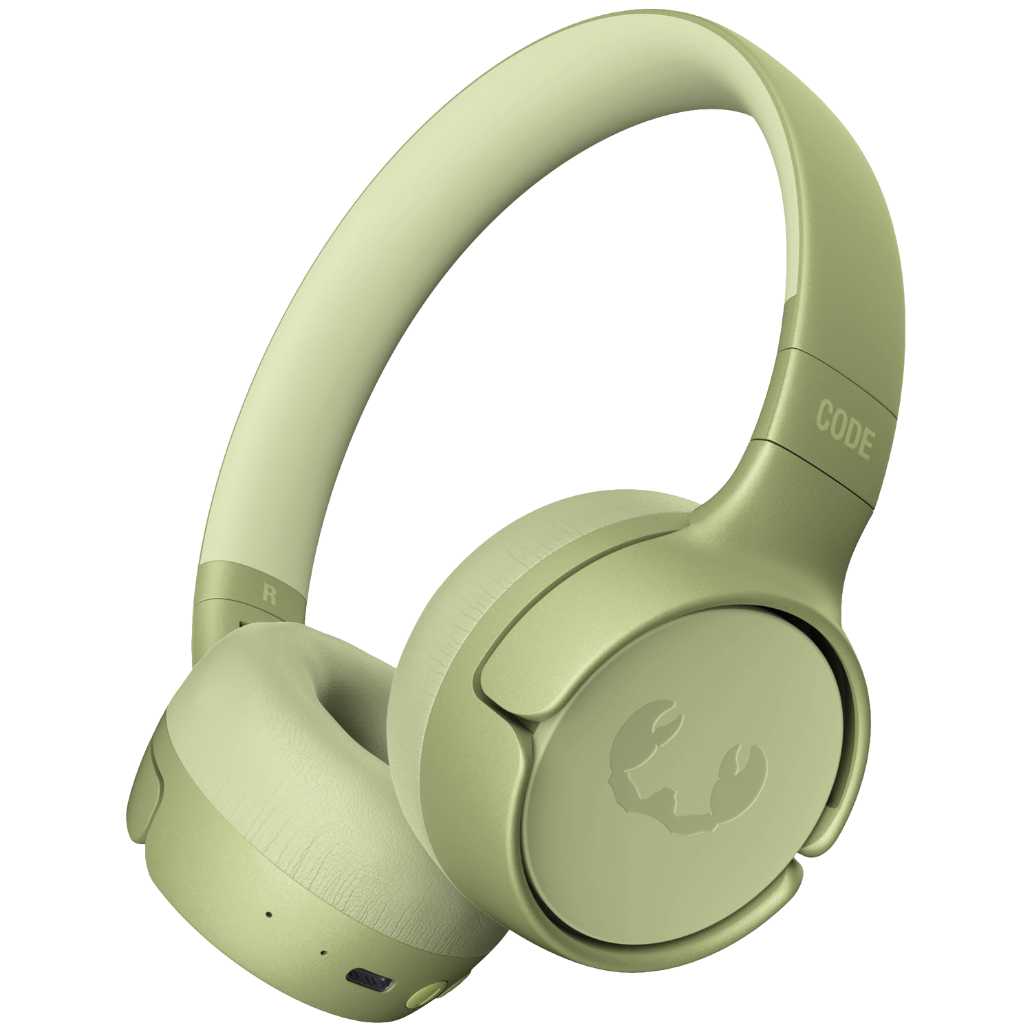 Groene over-ear koptelefoon met het woord 'CODE' aan de zijkant. De oorschelpen hebben een krablogo. De achtergrond is wit.