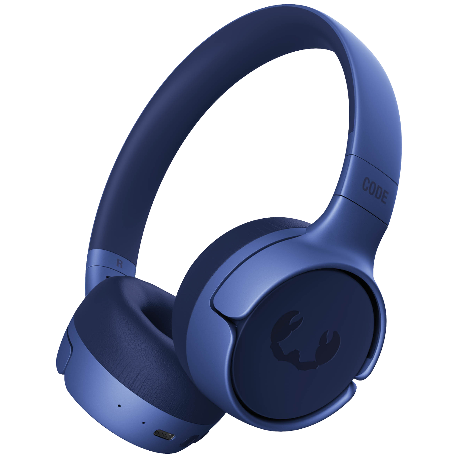 Blauwe koptelefoon met een logo op de oorschelp en het woord "CODE" op de hoofdband. De achtergrond is wit.