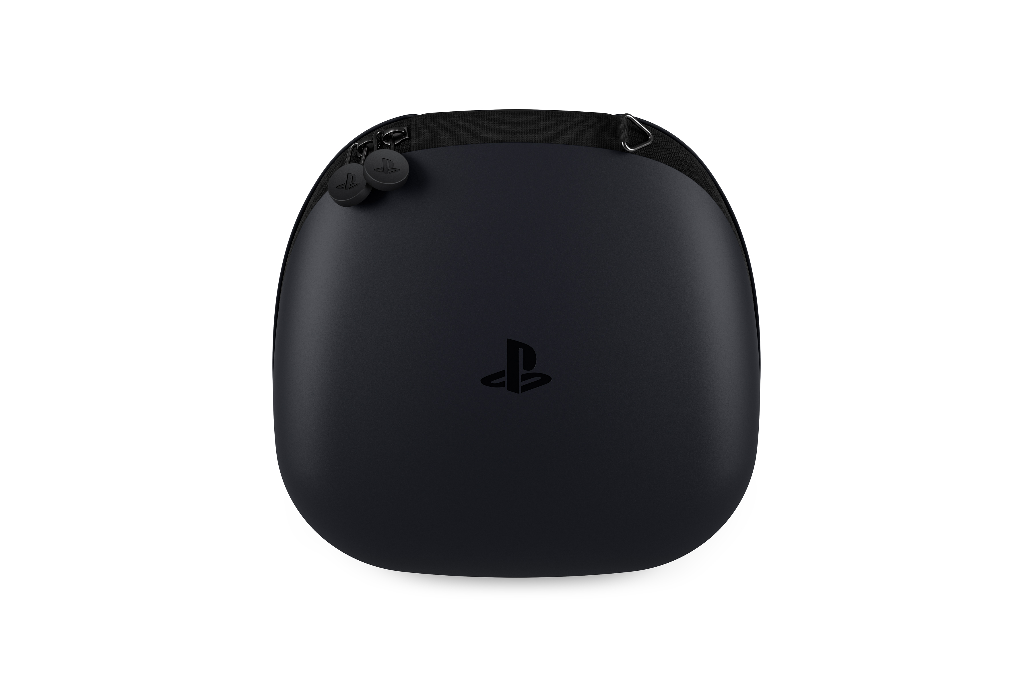 Önde PlayStation logosu olan siyah PlayStation çantası, beyaz zemin.