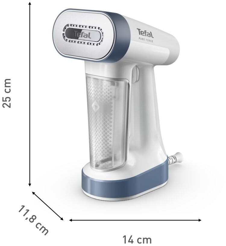 Fehér-kék Tefal Pure Force gőzölő. Méretek: 25cm magas, 14cm széles, 11.8cm mély.