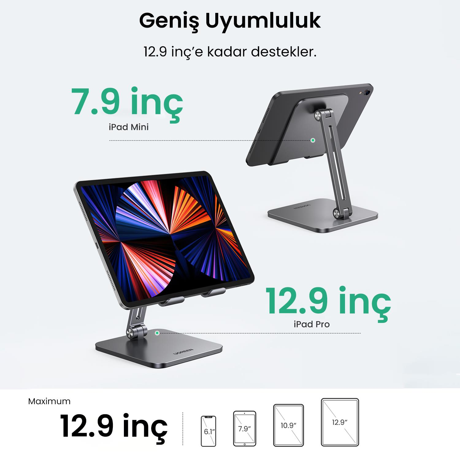 İki tablet ve metin içeren tablet standı. Gümüş renk. Beyaz zemin.