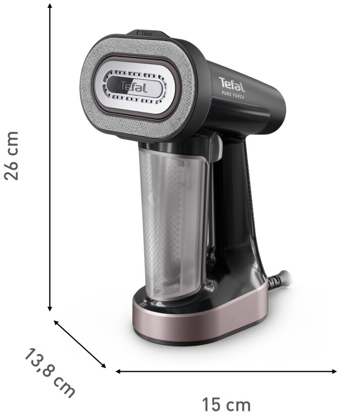 Fekete és rose gold Tefal Pure Force kézi gőzölő, méretekkel.