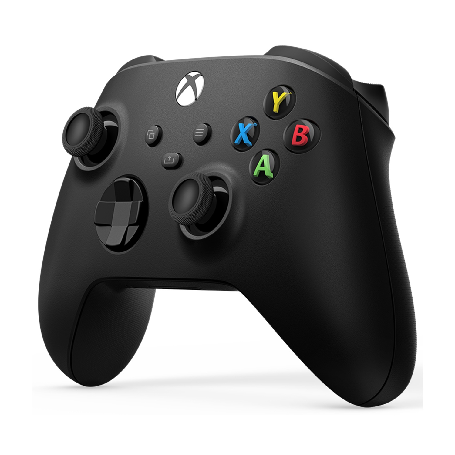 Controller Xbox nero con pulsanti colorati e joystick. Logo Xbox in alto al centro.