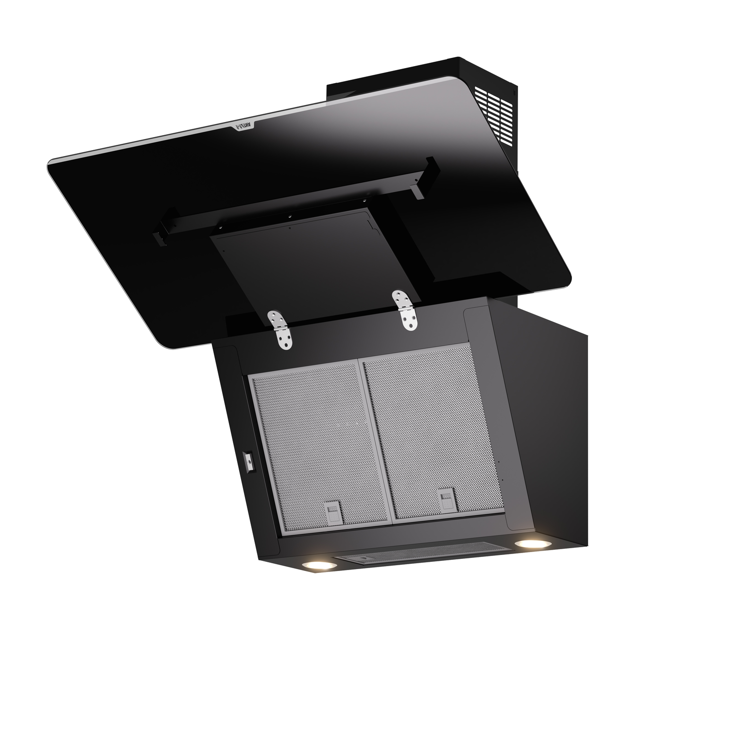 Black range hood with a glass top, containing lights and filters.