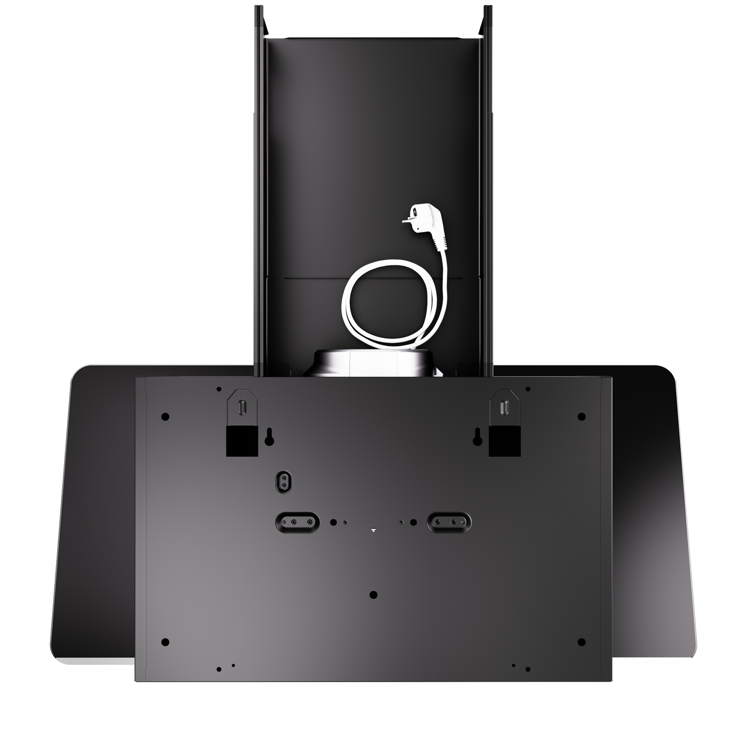 Black range hood, bottom view, with the back panel and a power cord visible. The product is on white background.