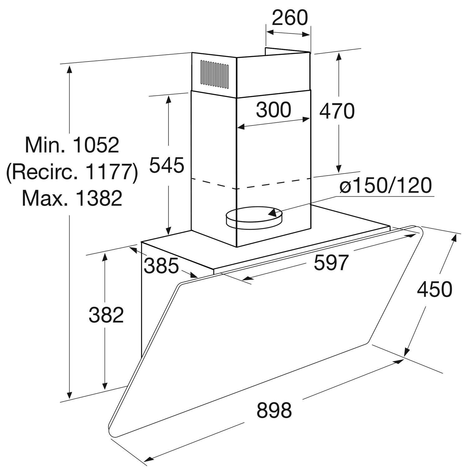 Diagram of a kitchen hood with dimensions.