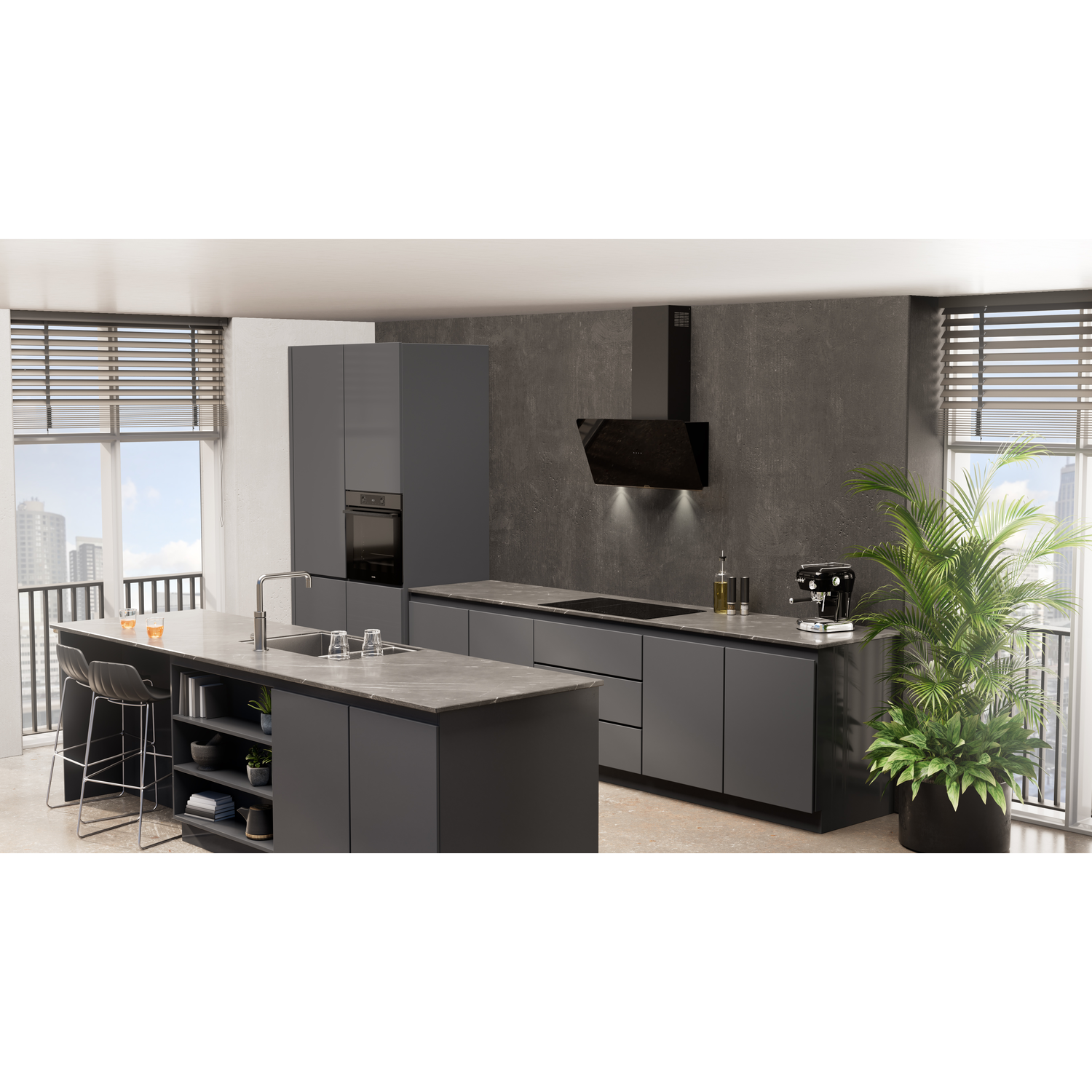 Modern kitchen with island, cabinets, appliances and a plant.