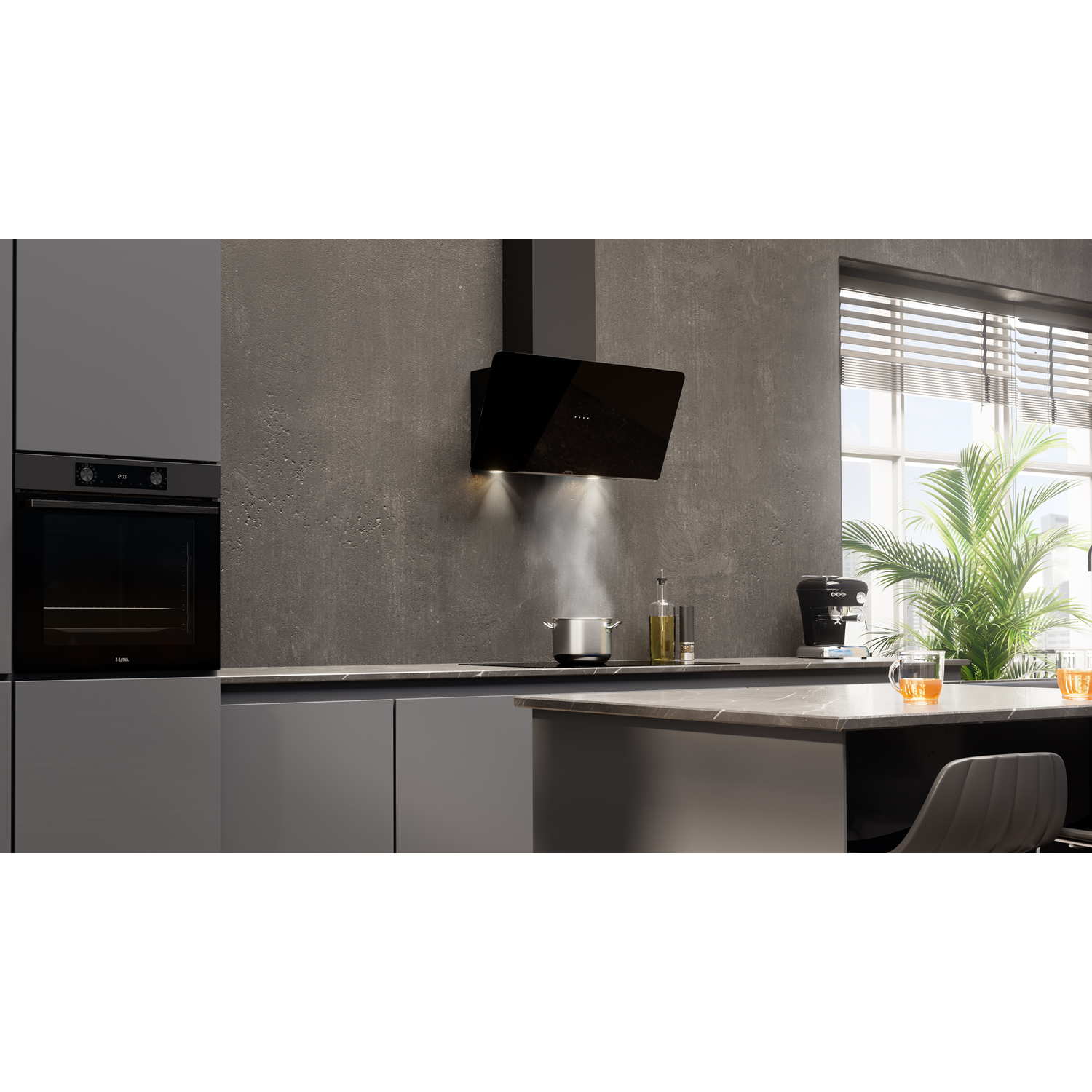 Modern kitchen with a cooking hob, oven, and a black range hood.