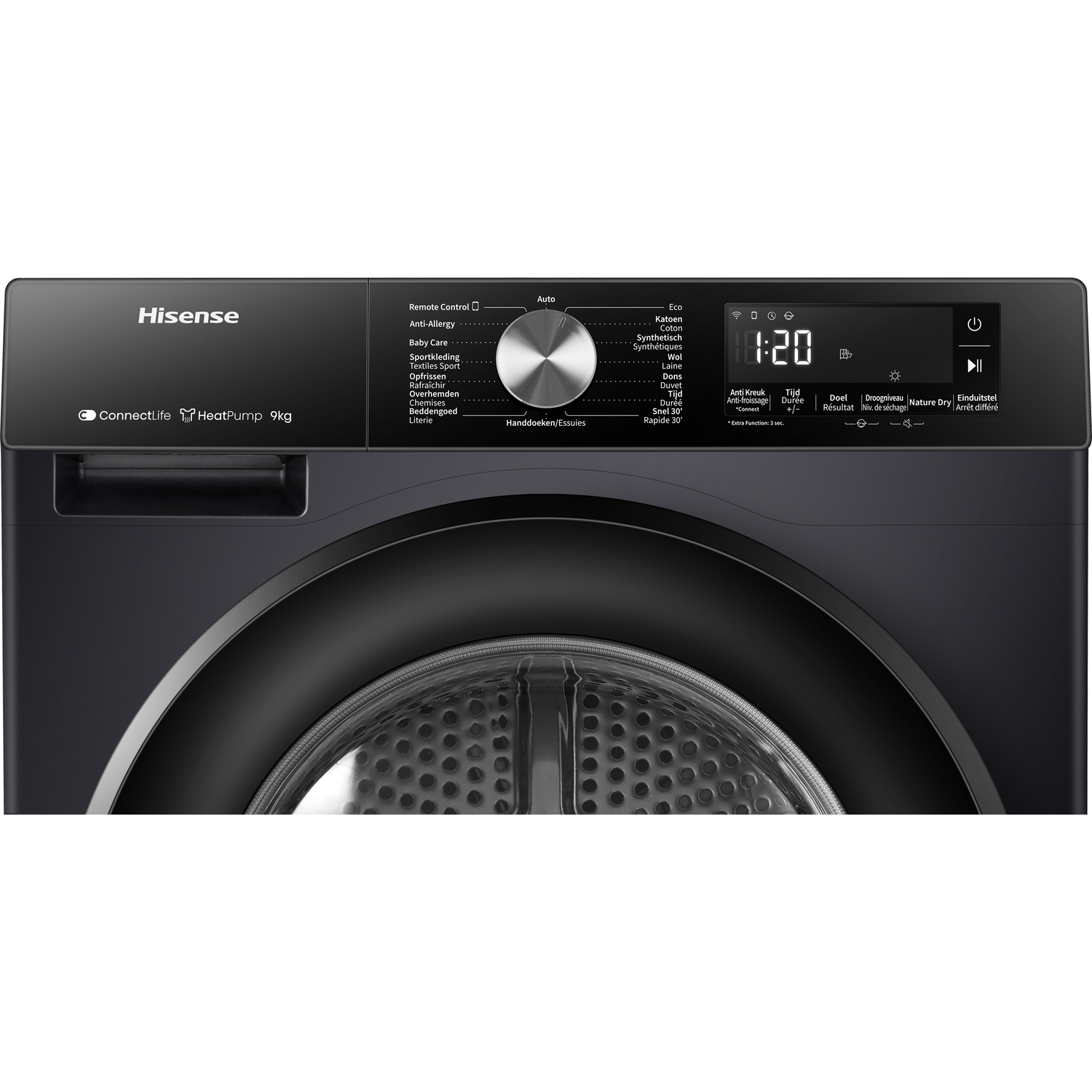A black Hisense washing machine's control panel, showing a display and various settings.