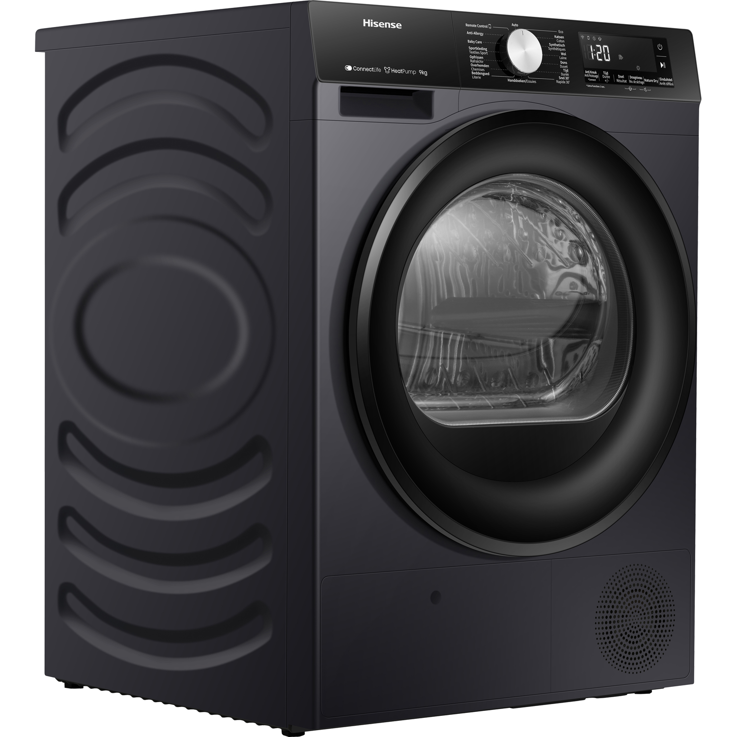 Black dryer with Hisense logo, controls, and a round door.