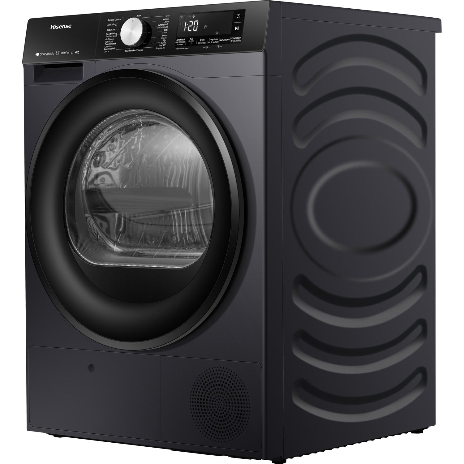 Black dryer with a round glass door. The right side has a textured panel. The brand name is Hisense.