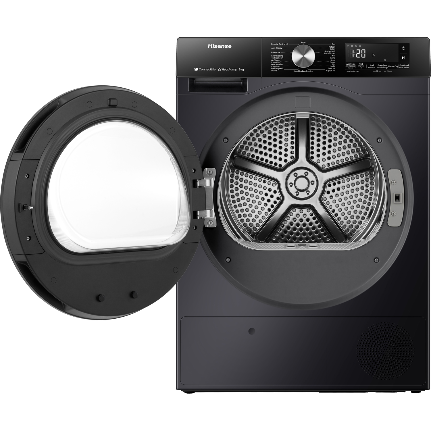 A black Hisense dryer with the door open, showing the drum.