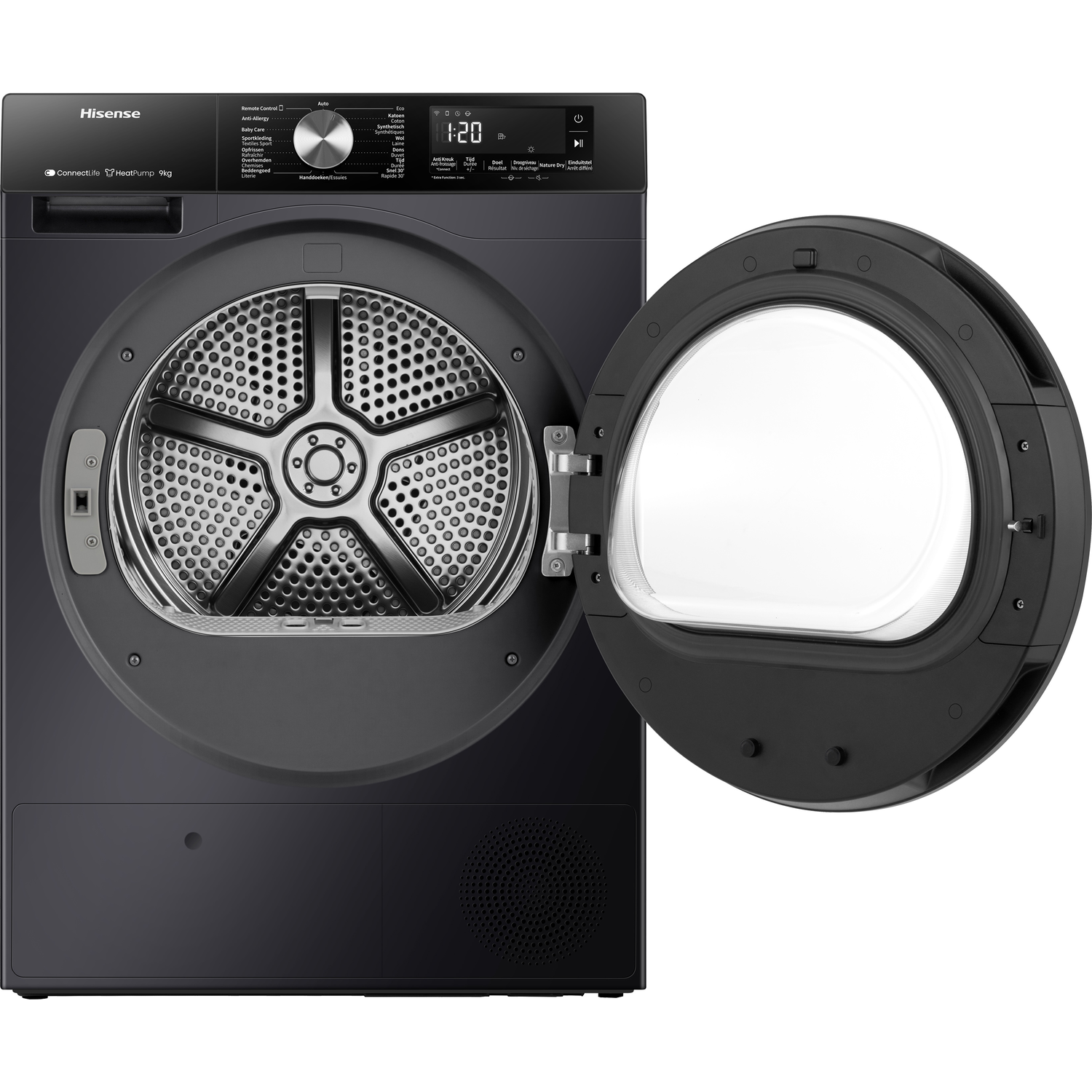 A black Hisense heatpump dryer with its door open, showing the drum.