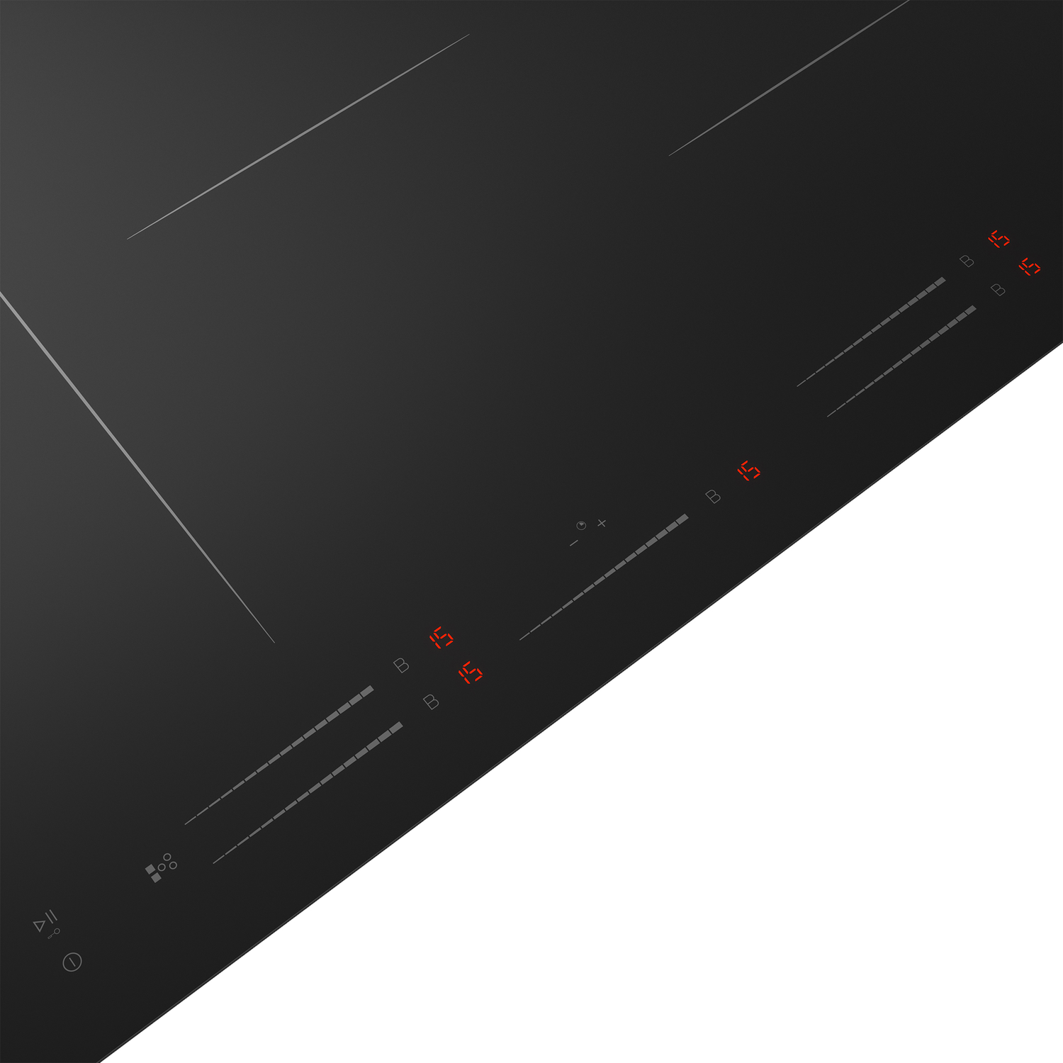 A black stovetop with four burners. The controls are red. The surface is smooth and reflective.
